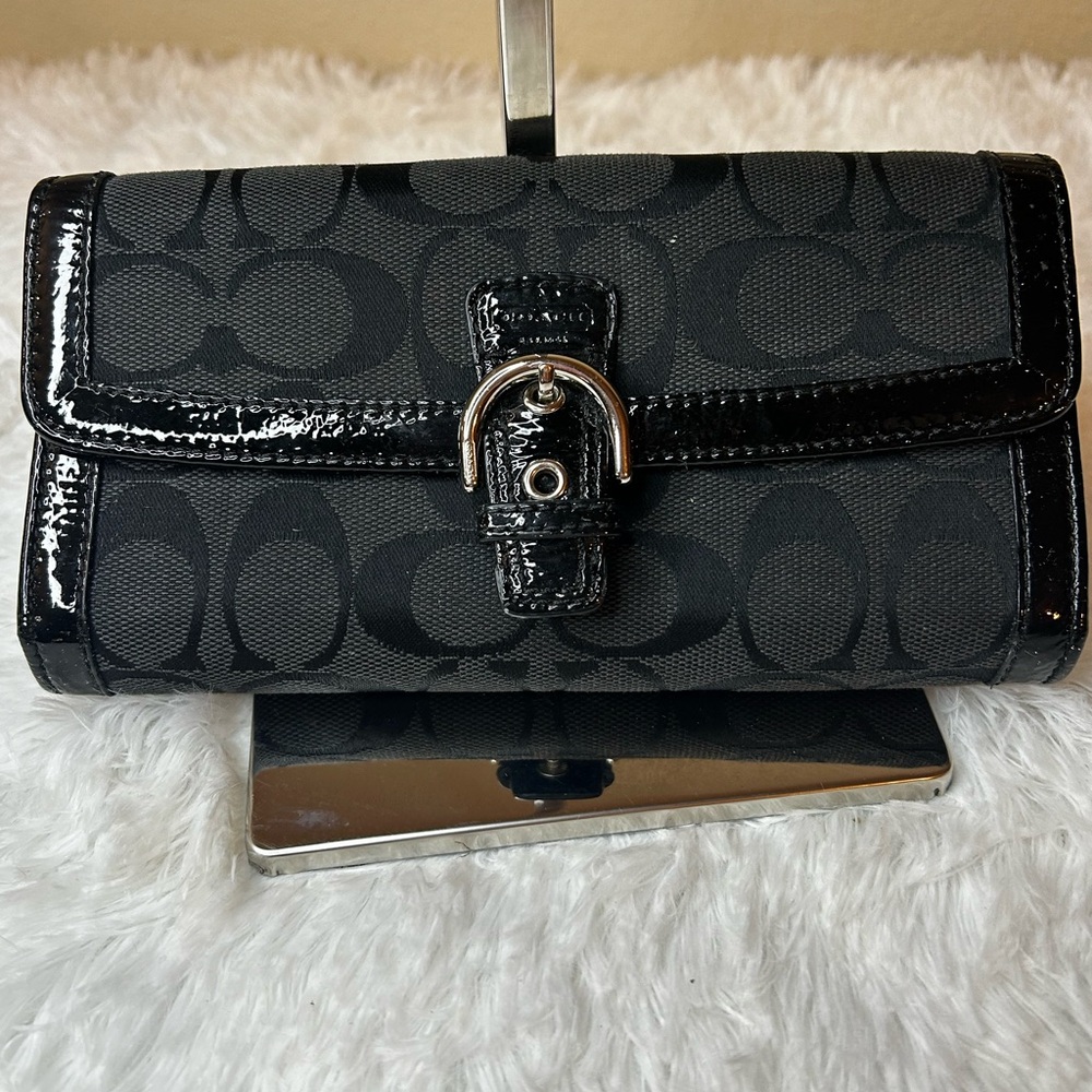 COACH Signature Long Wallet with Front Belt Design and Button Closure